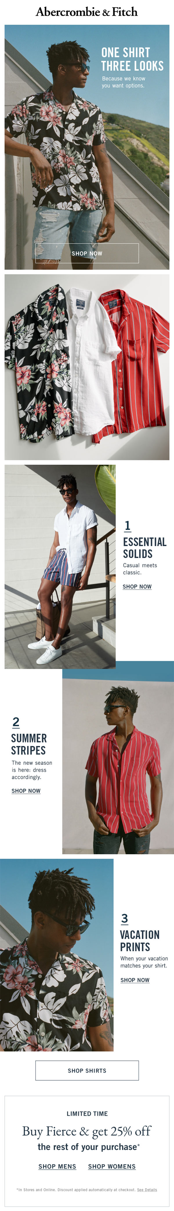 Email design for men's shirts, design is much simpiler for the people shopping mens clothing, using condensed san serif all caps text for the headlines. Second image is a flat lay of shorts.