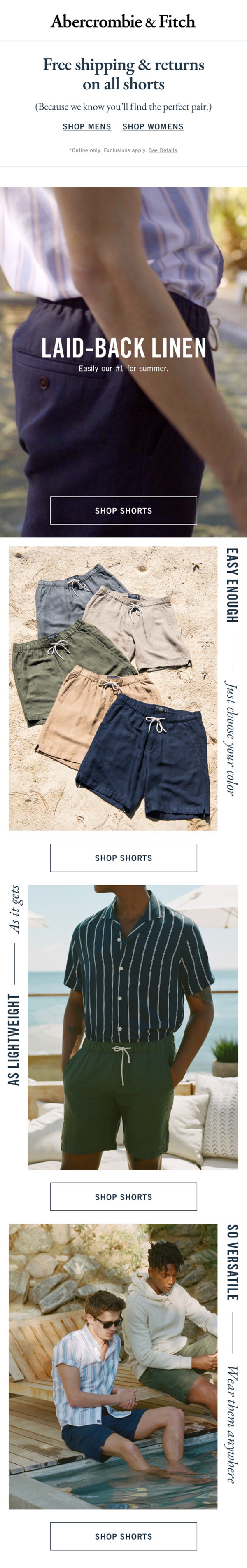 Email design for men's shorts, design focuses on the products, and the model's faces are either cropped out of the image or they are looking away from the camera. All caps condensed san serif font continues for the headlines.