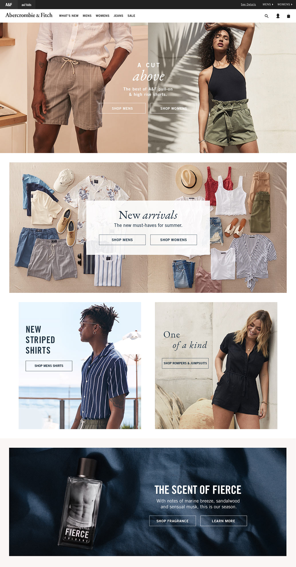 Abercrombie and fitch homepage with an overall beachy vibe, again trying to show marketing specific to the gendered clothing with different marketing priorities.