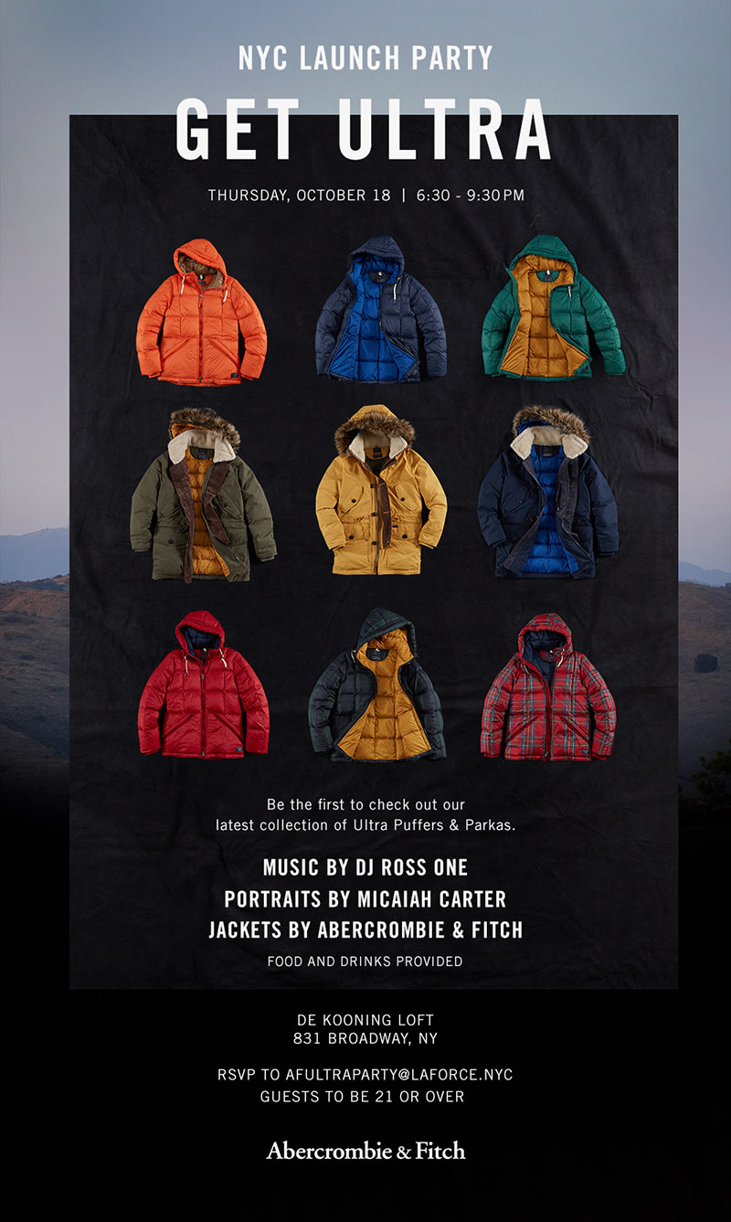 Email design for a product launch party in New York for puffer coats.