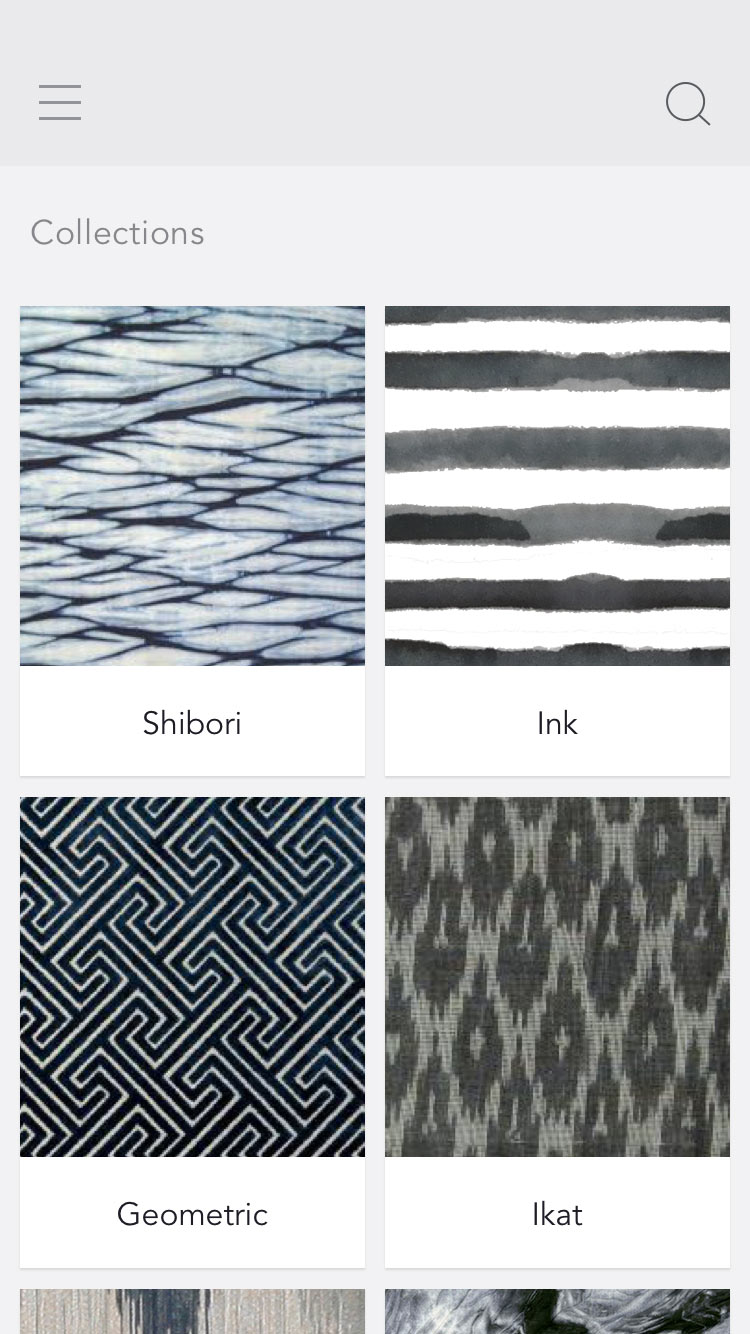 Collections landing page where you can see visual navigation cards for shibori, ink, geometric, and ikat.