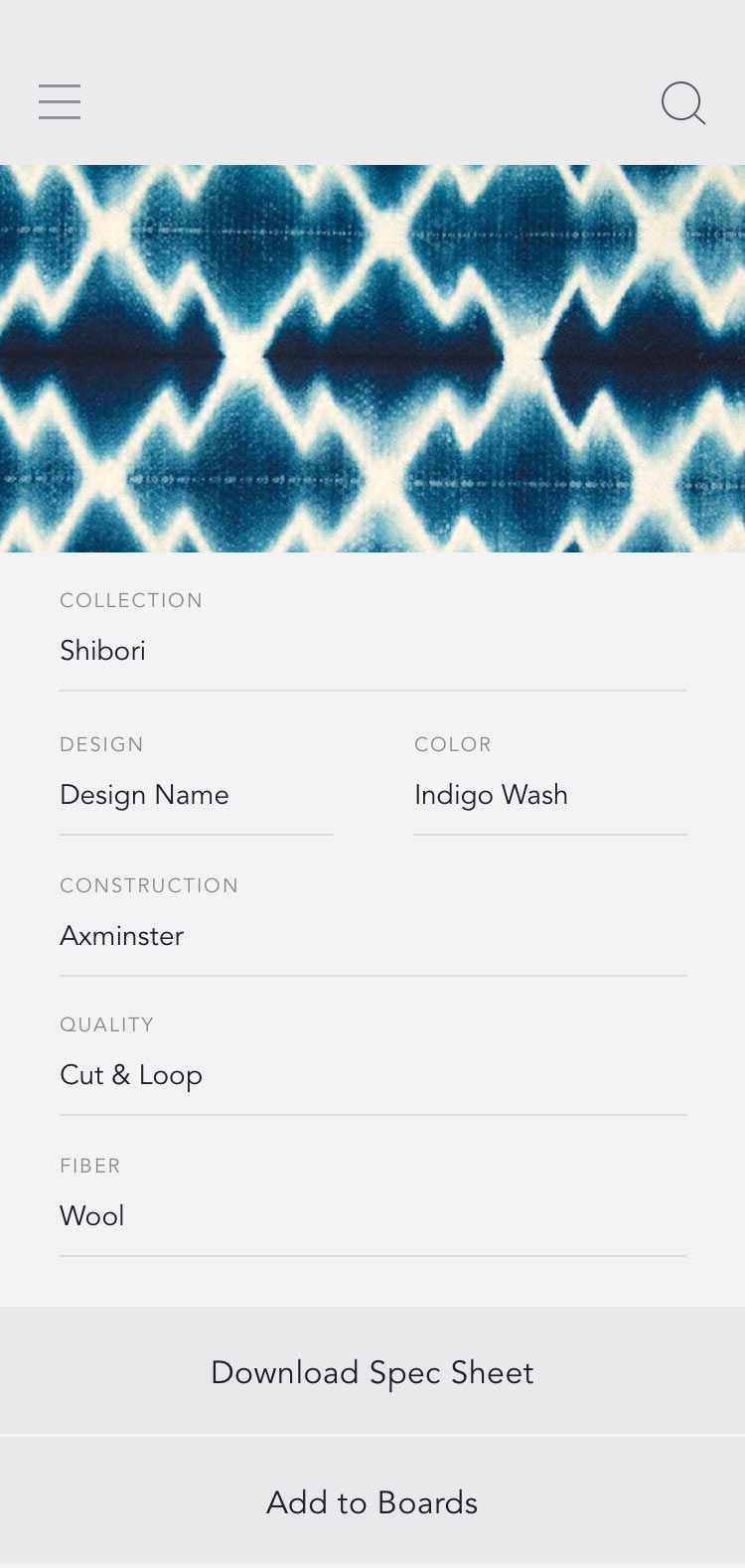 More details page for a pattern in the shibori collection. Page lists the design name, color, construction, quality, and fiber construction. There are also buttons to download the spec sheet, and add to boards.