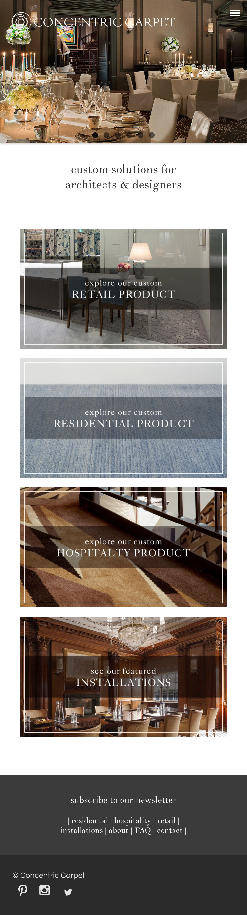 Concentric Carpet homepage design, at the mobile browser width size. The site is responsive down to the mobile size.