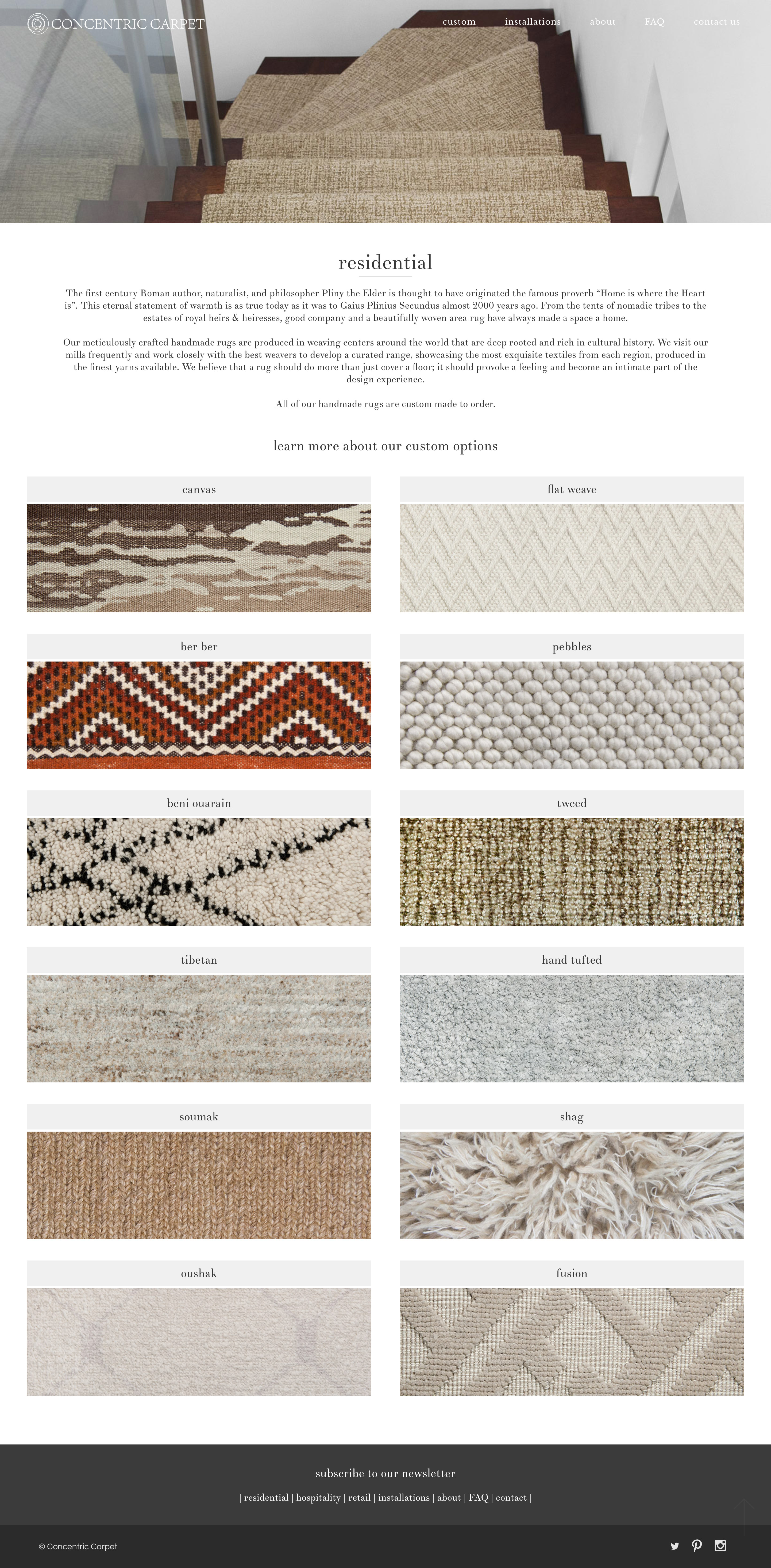 Concentric Carpet construction library page at the desktop browser width. At the top is an explaination and below are visual images of each type of carpet construction.