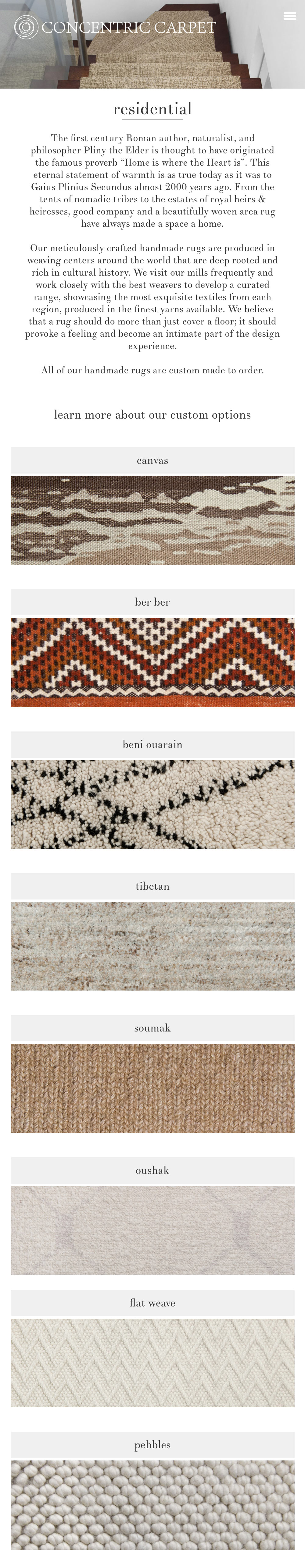 Concentric Carpet construction library page at mobile browser width.