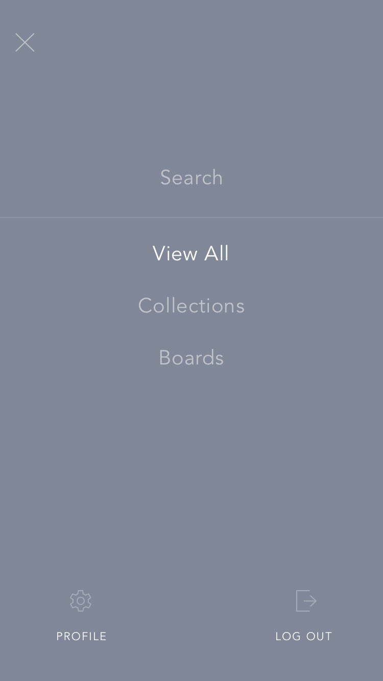 Navigation menu open with options to Search, View all, View Collections, View Boards, View Profile, or Log Out.