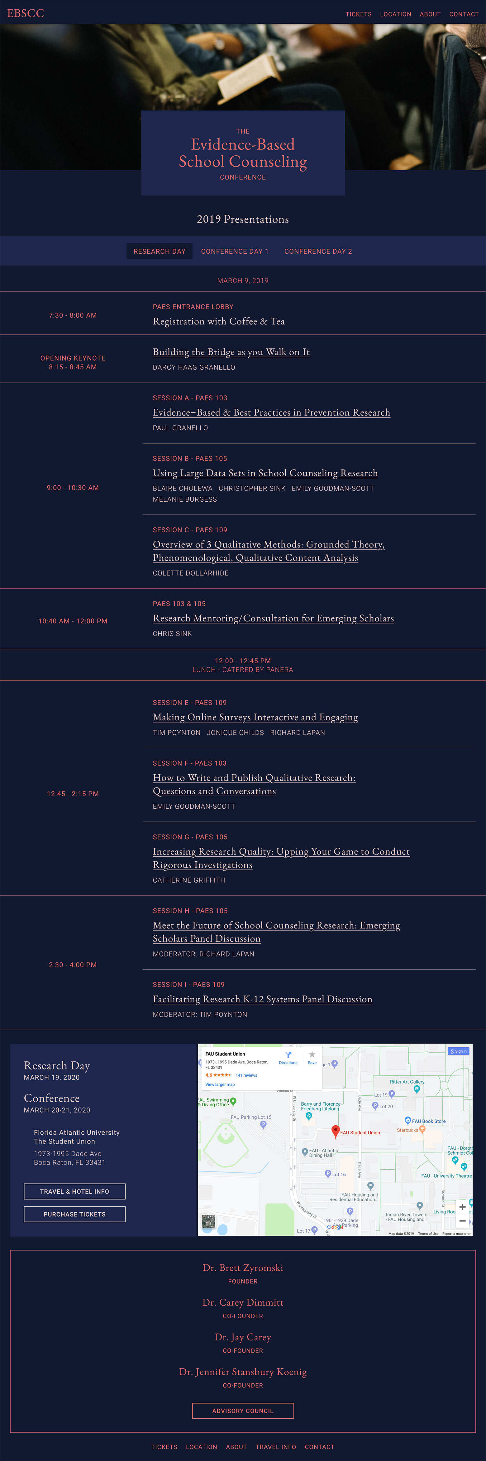 Conference schedule at desktop browser size, providing a schedule for each day of the conference, with location and description of each presentation.