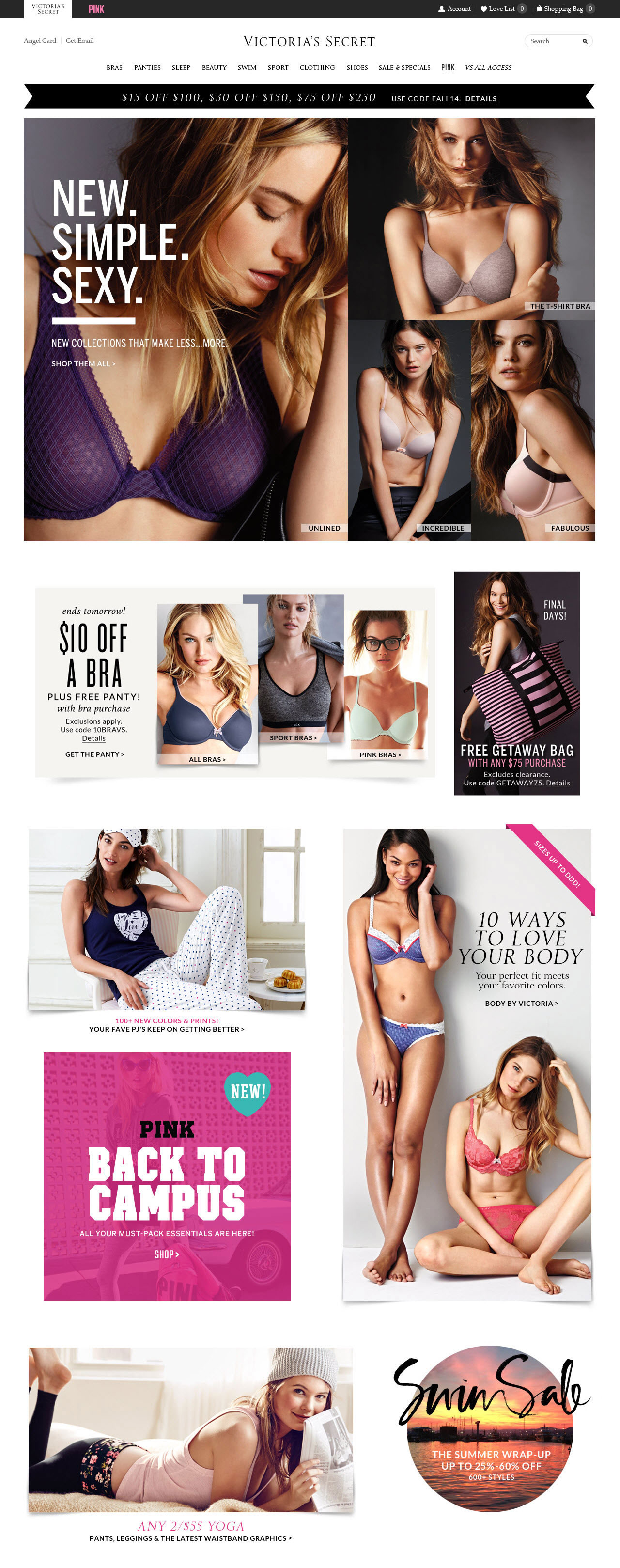 Victoria's Secret homepage featuring a bra collection. Below the feature are two offers above a visual navigation of popular categories.