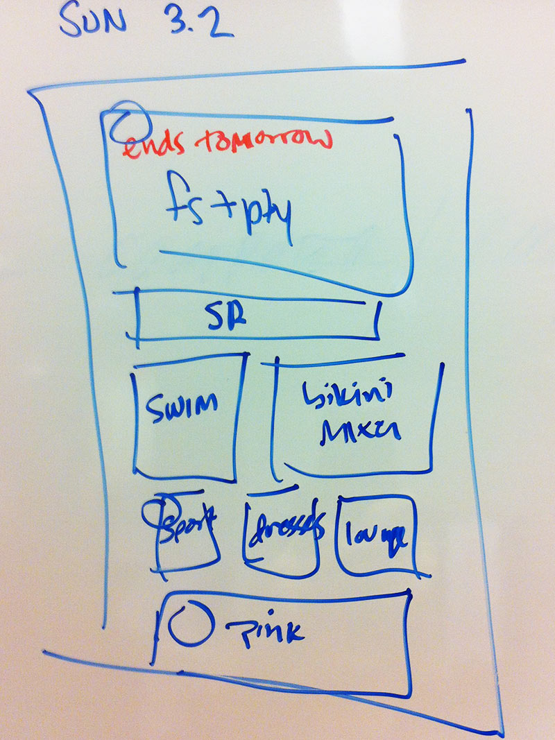 Homepage wireframe for Sunday, March 2. The homepage feature is changing to say Ends Tomorrow.