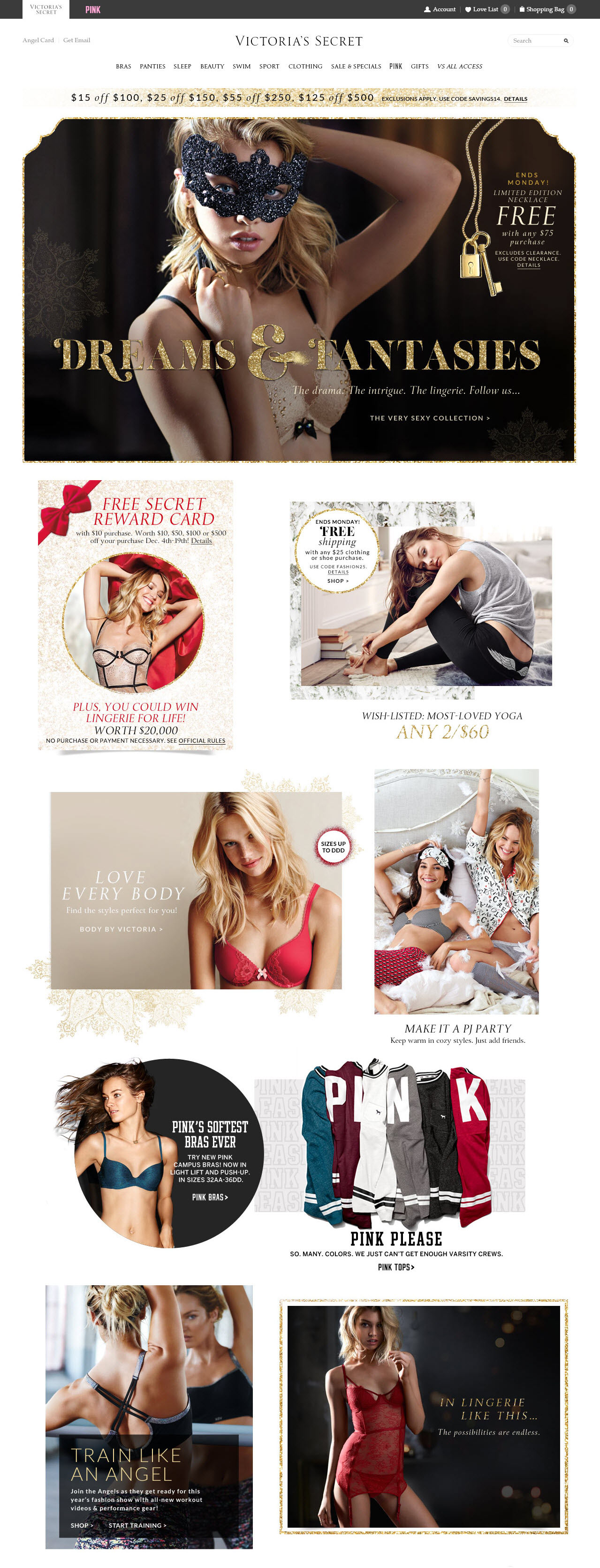 Victoria's Secret homepage featuring the launch design for the holiday season, with the headline Dreams and Fantasies. The visual navigation below the main feature is also styled in a golden snowflake design.