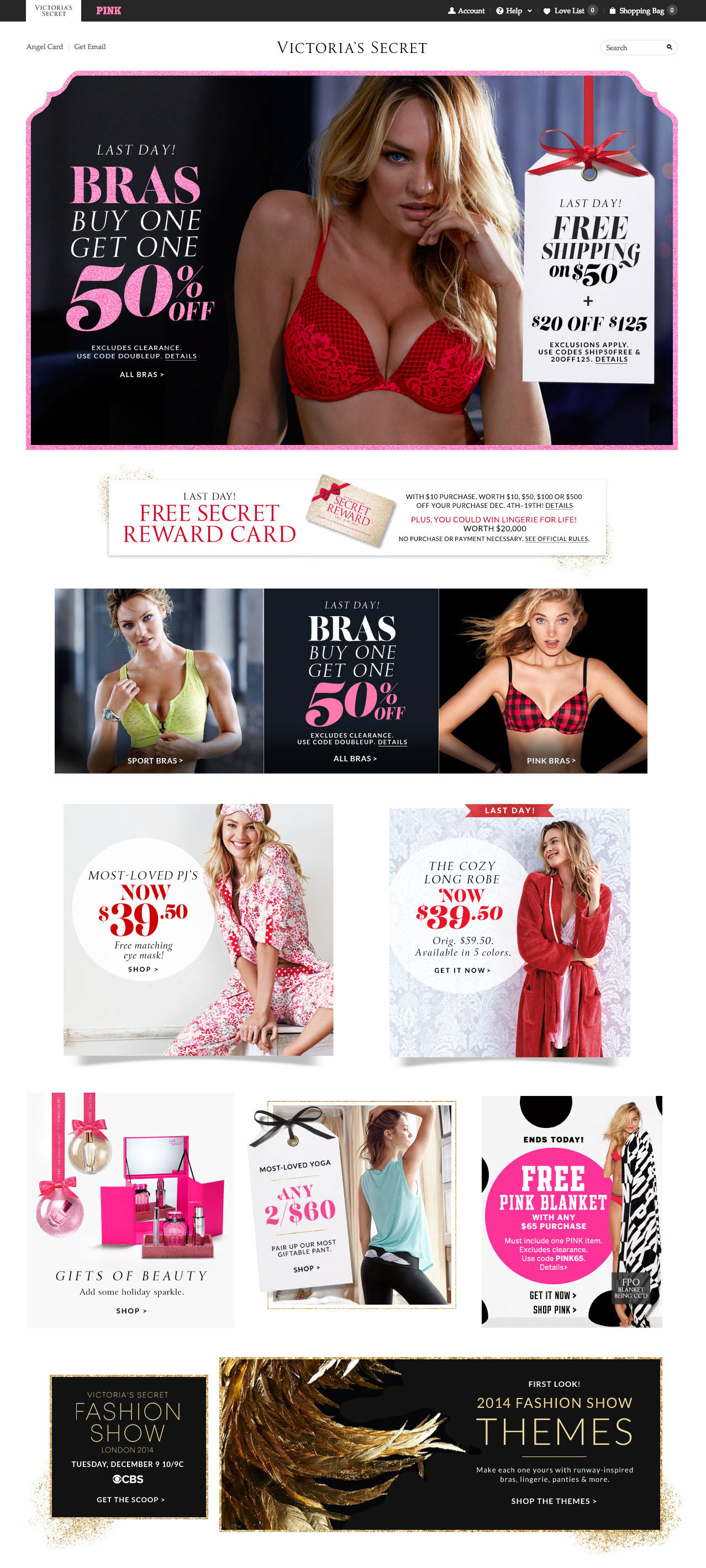 Victoria's Secret homepage further along in the holiday season. This design came after the black friday shopping event so it is more sale focused. The page is sitting next to the previous homepage to show how the holiday design style guide evolved over the season, using the same fonts and design system.