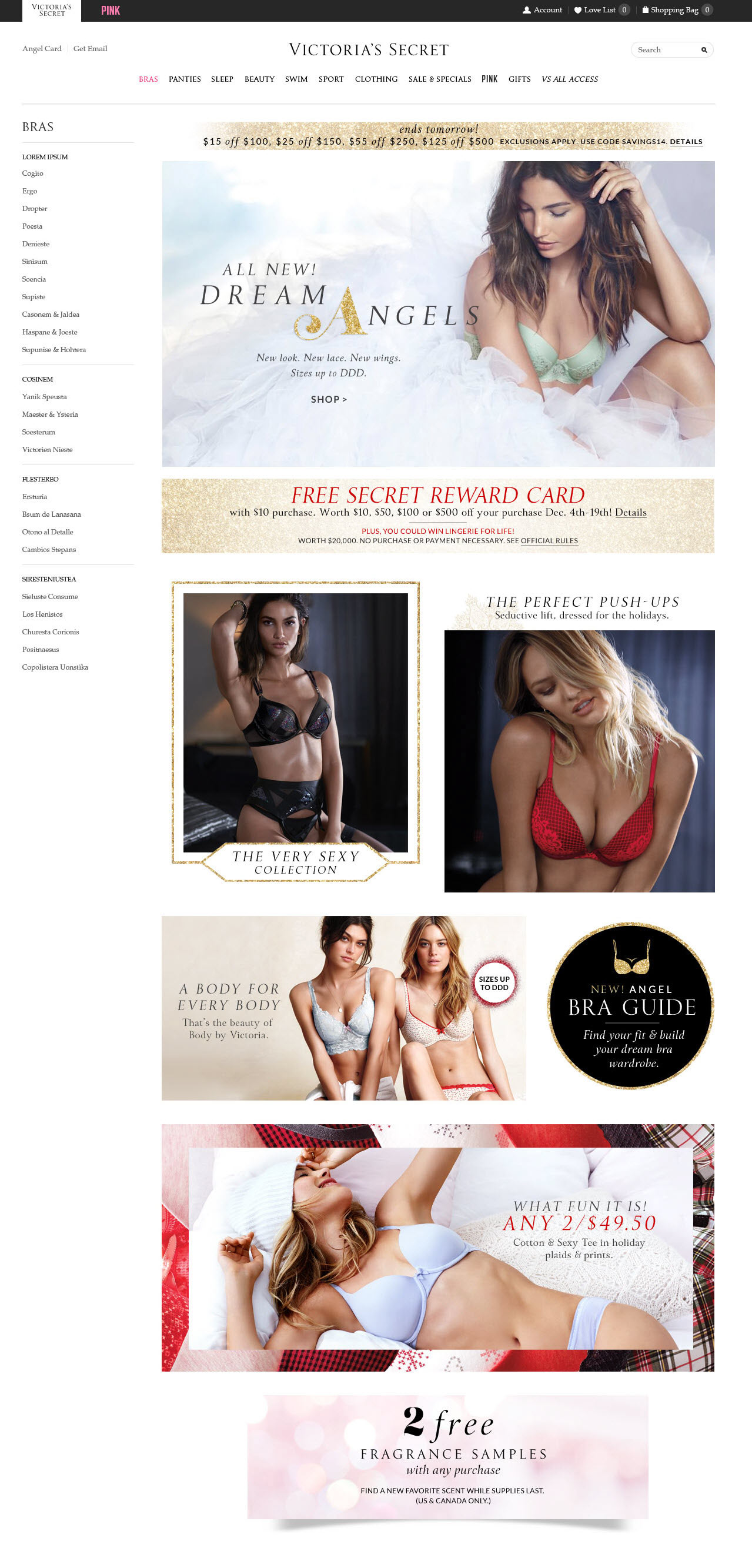 Bra landing page featuring Dream Angels.