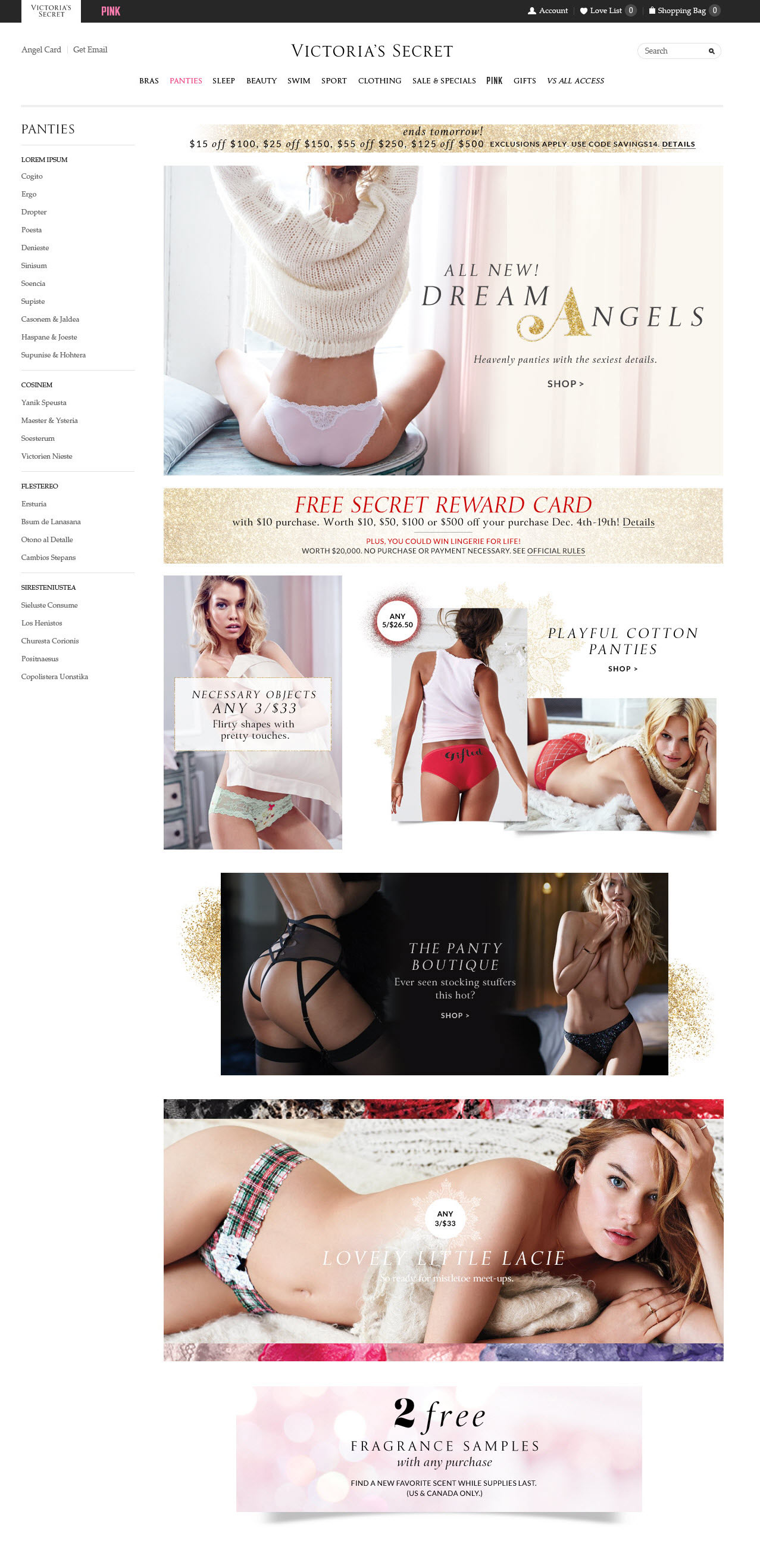 Panties landing page featuring Dream Angels.