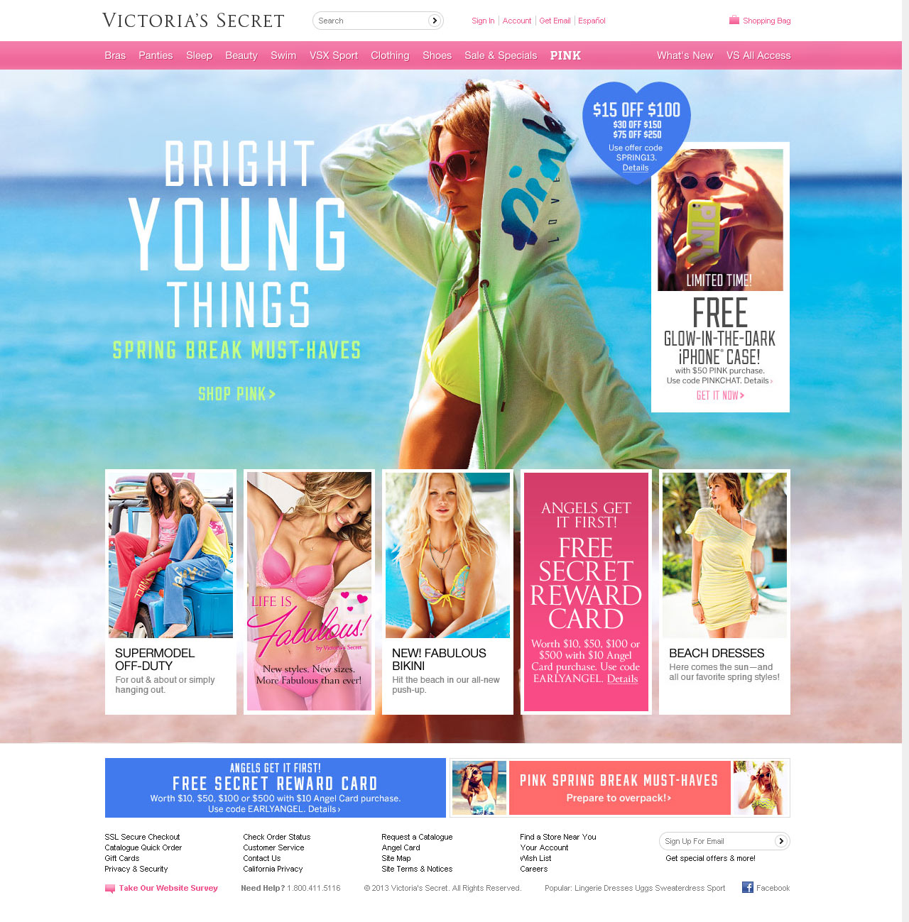 Victoria's Secret homepage with an earlier homepage design style. The feature is a large hero image with a message, and the visual navigation sits below the message over the hero image in five small vertical cards. This design often required the designer to extend the background of the hero image by hand in photoshop.